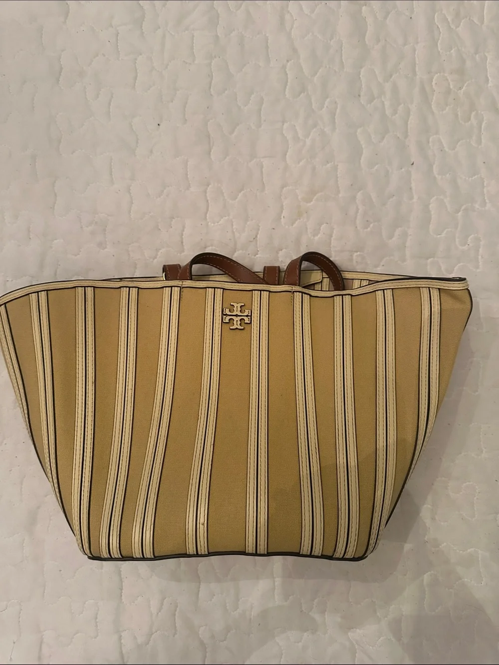 Tory Burch Mustard and Cream Striped Canvas Tote with Brown Handles
